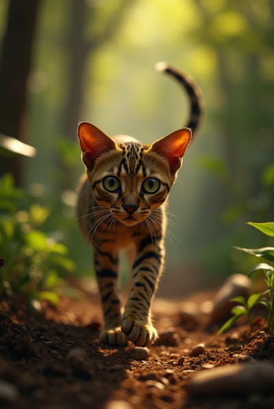 Portrait d’un chat Sokoke dans les bois, debout entre les feuillages